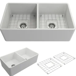 BOCCHI Classico 33" Fireclay Farmhouse Apron 50/50 Double Bowl Kitchen Sink, Matte White, 1139-002-0120
