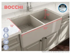 BOCCHI Classico 33" Fireclay Farmhouse Apron 50/50 Double Bowl Kitchen Sink, Biscuit, 1139-014-0120