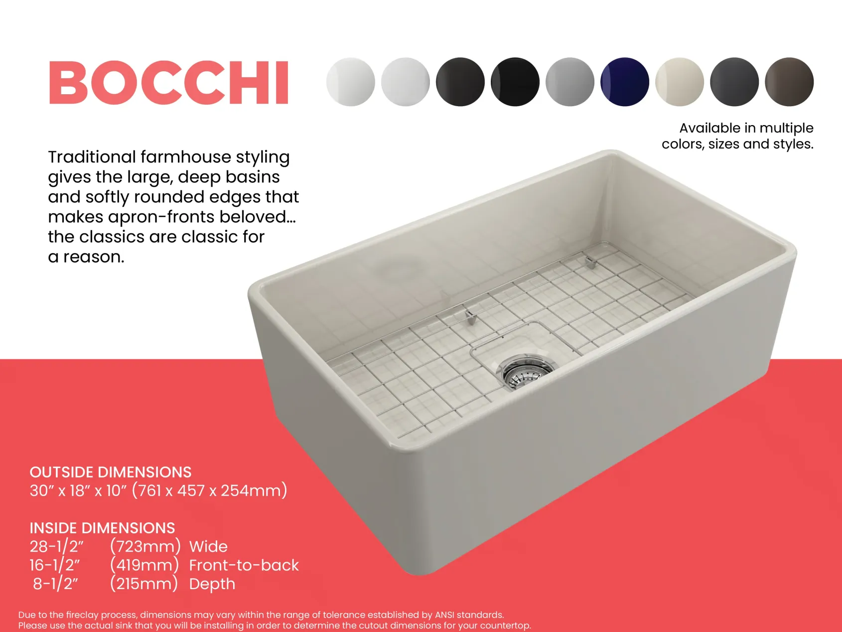 BOCCHI Classico 30" Fireclay Farmhouse Apron Single Bowl Kitchen Sink, Biscuit, 1138-014-0120