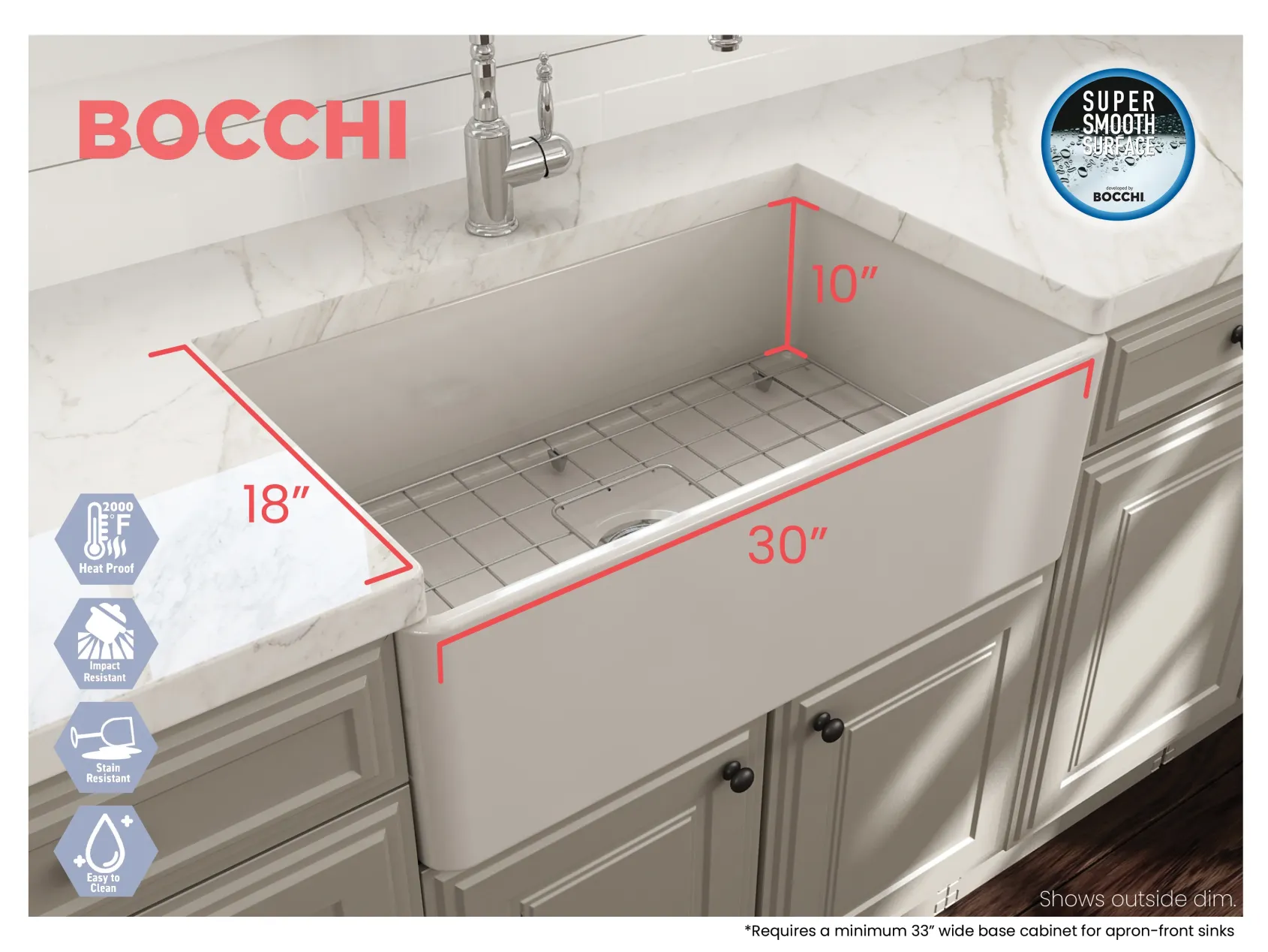 BOCCHI Classico 30" Fireclay Farmhouse Apron Single Bowl Kitchen Sink, Biscuit, 1138-014-0120