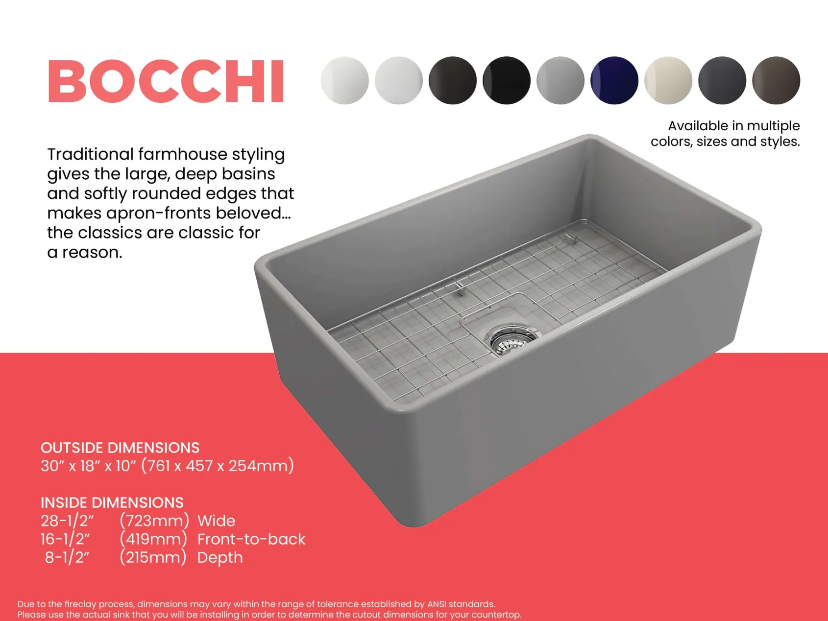 BOCCHI Classico 30" Fireclay Farmhouse Apron Single Bowl Kitchen Sink, Matte Gray, 1138-006-0120