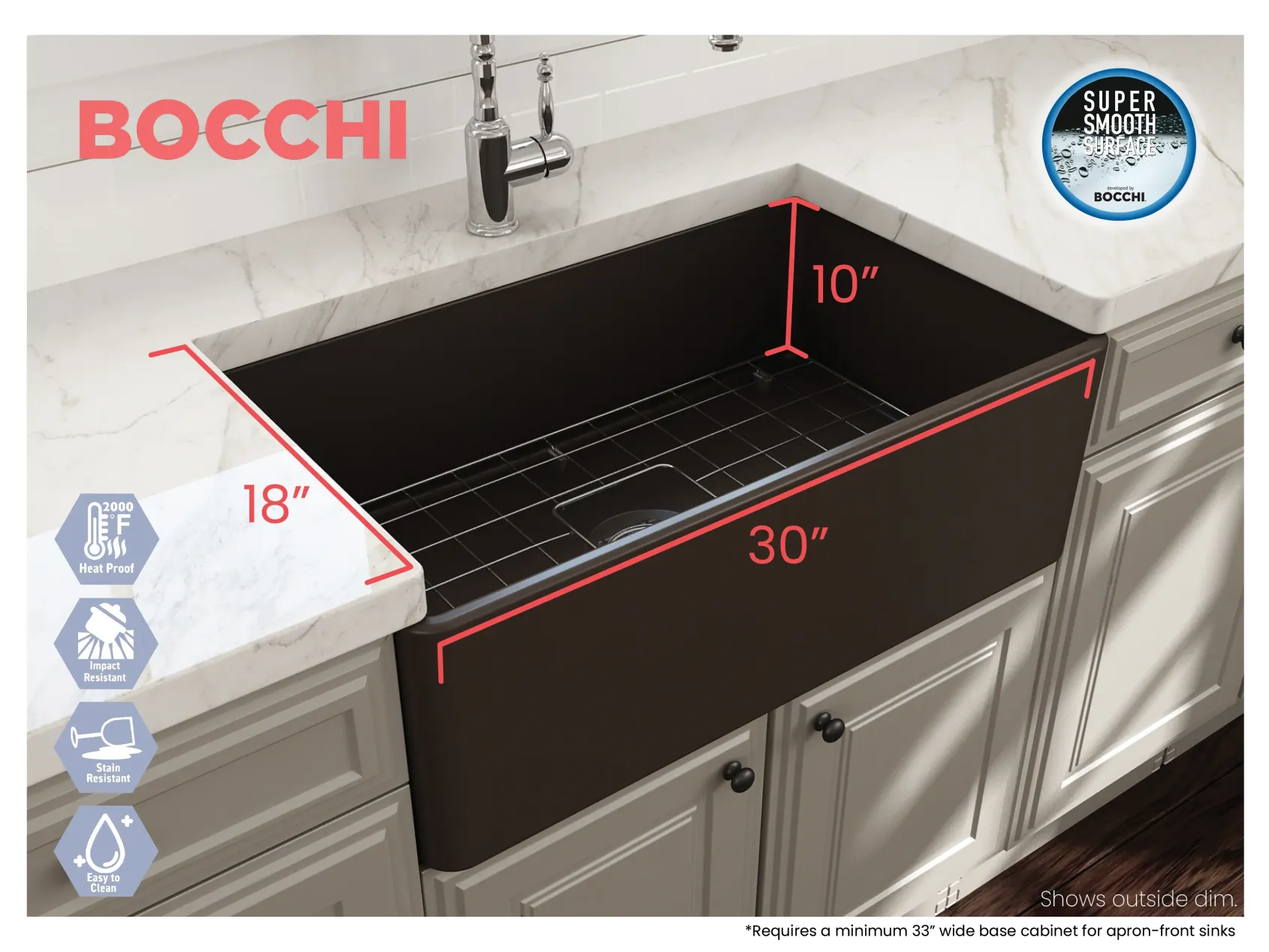 BOCCHI Classico 30" Fireclay Farmhouse Apron Single Bowl Kitchen Sink, Matte Brown, 1138-025-0120