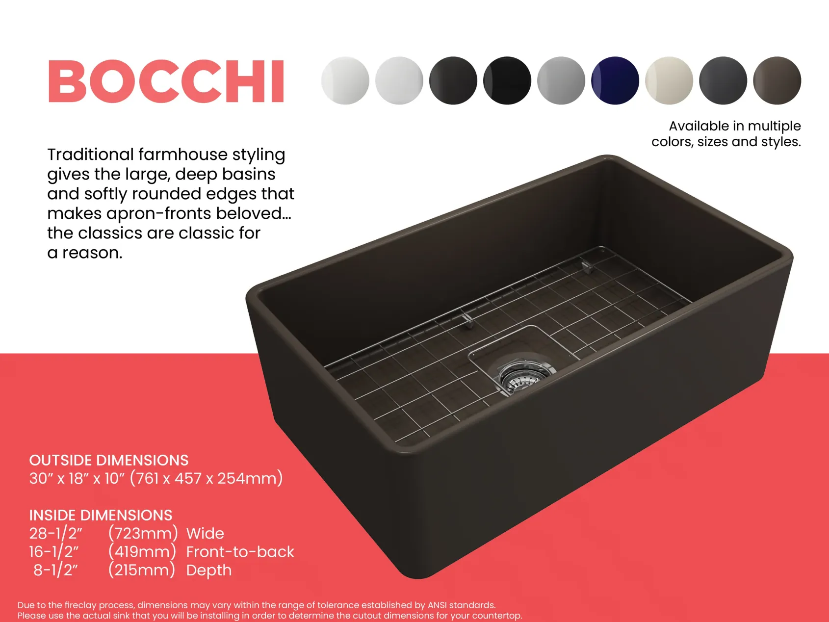 BOCCHI Classico 30" Fireclay Farmhouse Apron Single Bowl Kitchen Sink, Matte Brown, 1138-025-0120