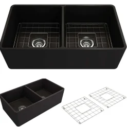 BOCCHI Classico 33" Fireclay Farmhouse Apron 50/50 Double Bowl Kitchen Sink, Matte Black, 1139-004-0120