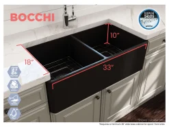 BOCCHI Classico 33" Fireclay Farmhouse Apron 50/50 Double Bowl Kitchen Sink, Matte Black, 1139-004-0120