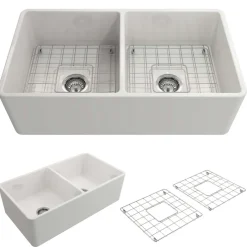 BOCCHI Classico 33" Fireclay Farmhouse Apron 50/50 Double Bowl Kitchen Sink, White, 1139-001-0120