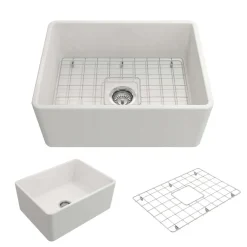 BOCCHI Classico 24" Fireclay Farmhouse Apron Single Bowl Kitchen Sink, White, 1137-001-0120