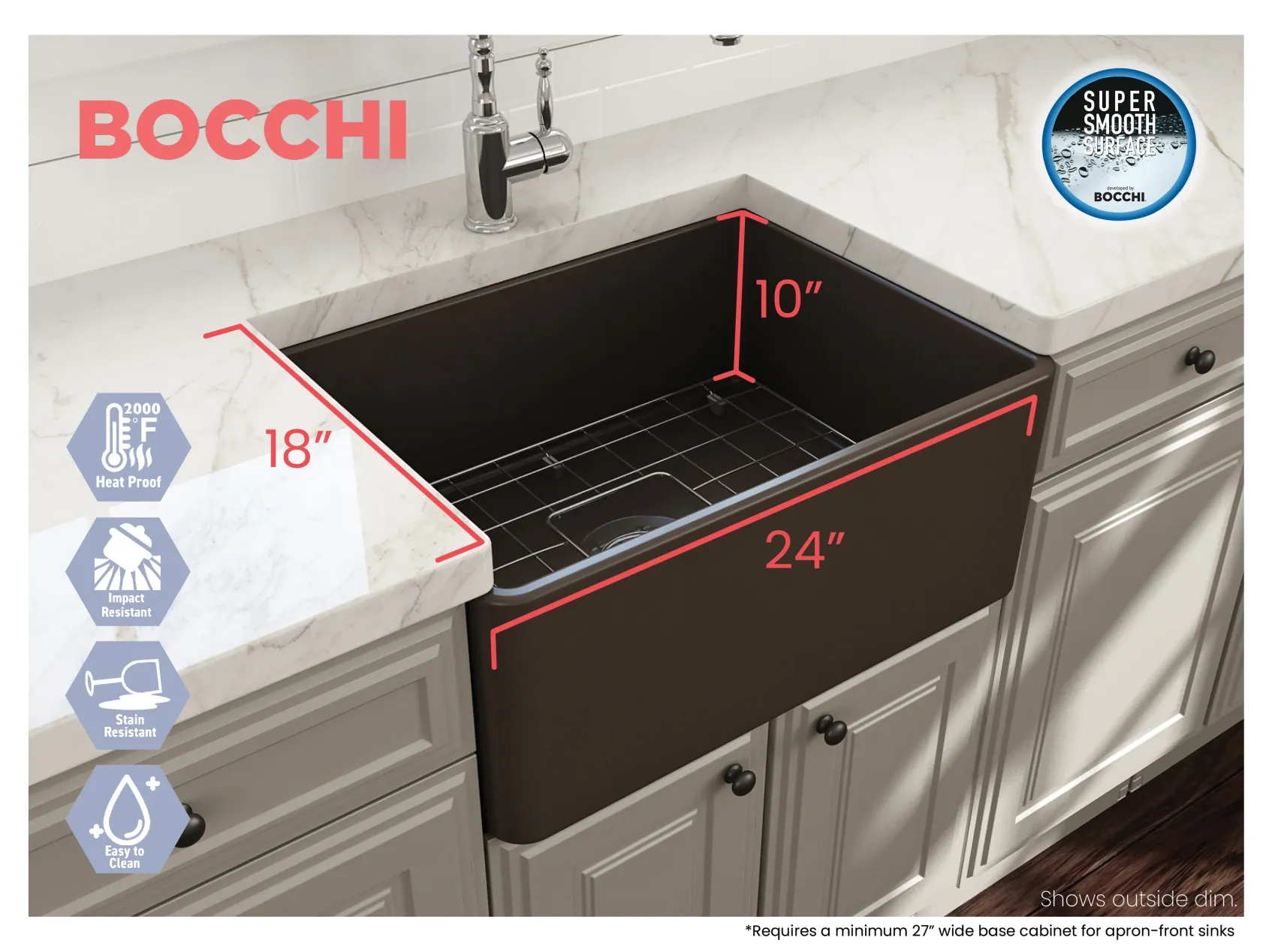BOCCHI Classico 24" Fireclay Farmhouse Apron Single Bowl Kitchen Sink, Matte Brown, 1137-025-0120