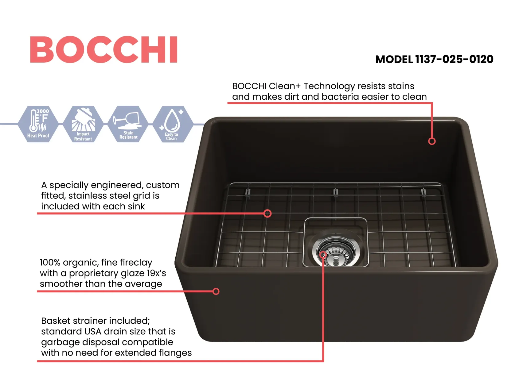 BOCCHI Classico 24" Fireclay Farmhouse Apron Single Bowl Kitchen Sink, Matte Brown, 1137-025-0120