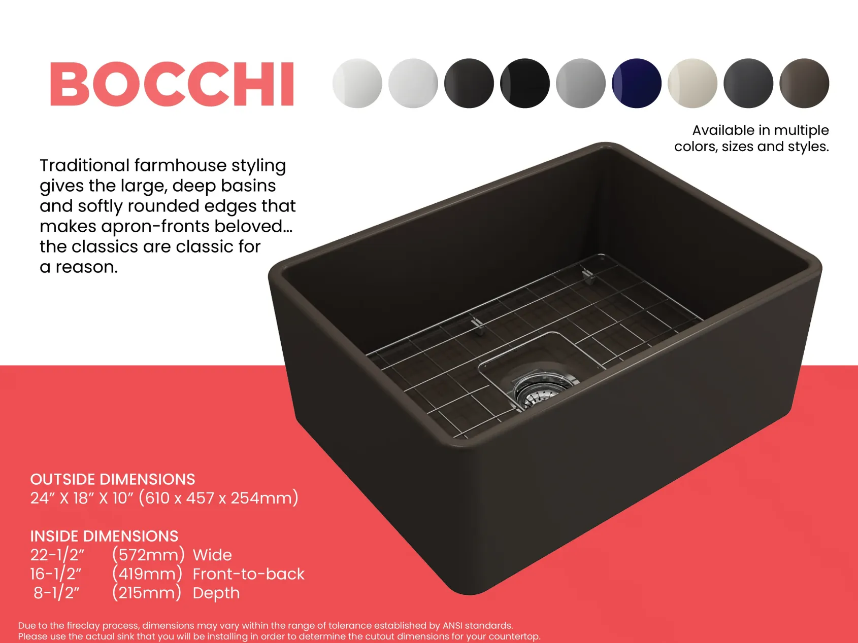 BOCCHI Classico 24" Fireclay Farmhouse Apron Single Bowl Kitchen Sink, Matte Brown, 1137-025-0120