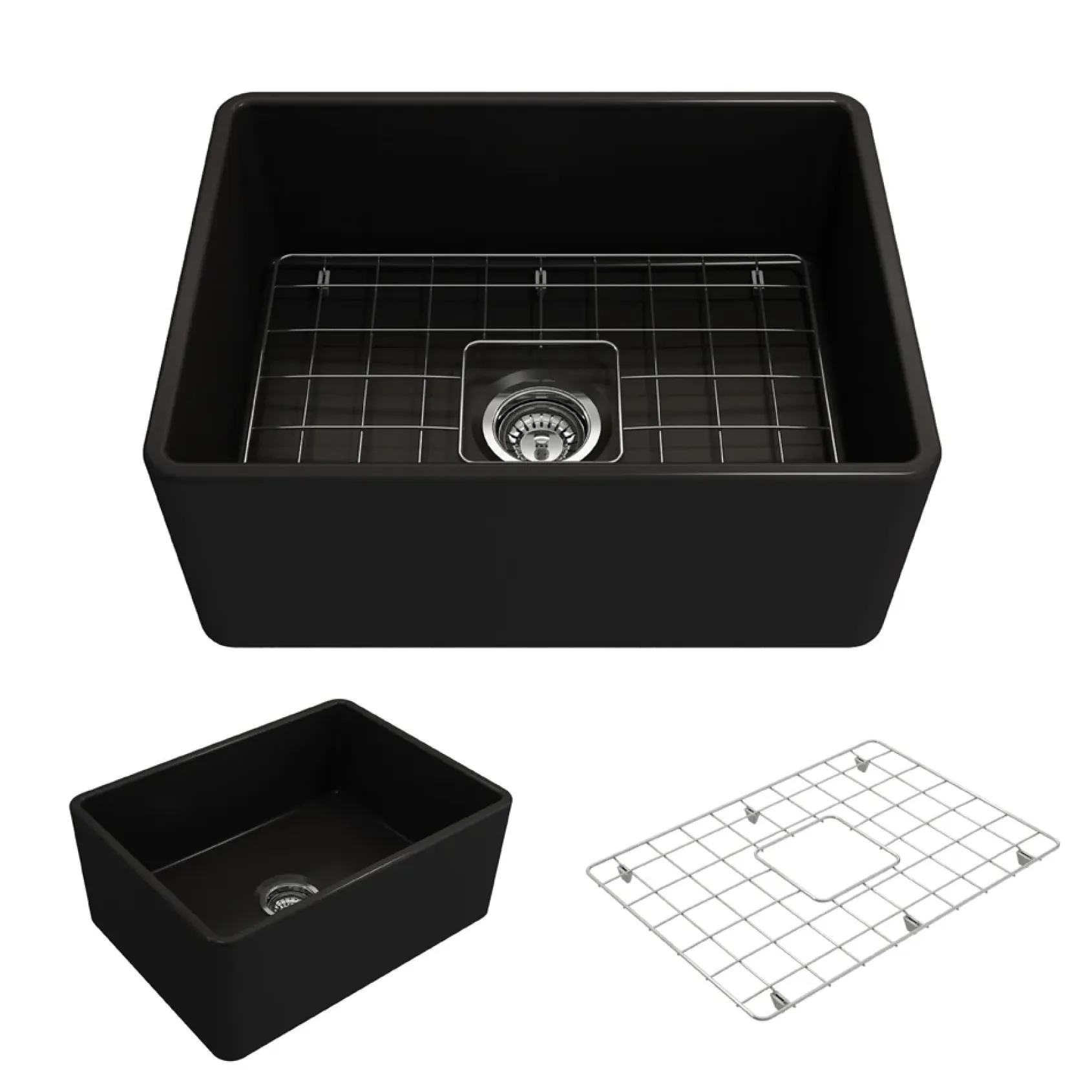 BOCCHI Classico 24" Fireclay Farmhouse Apron Single Bowl Kitchen Sink, Matte Black, 1137-004-0120
