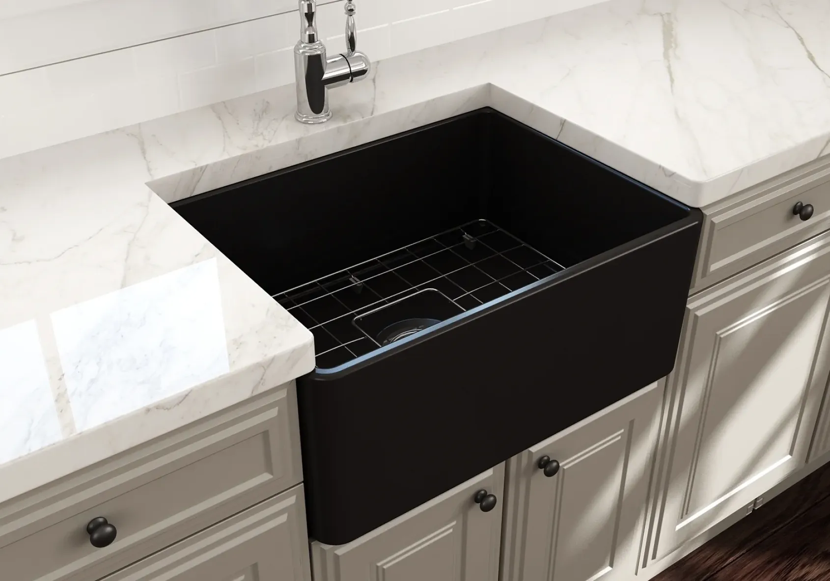 BOCCHI Classico 24" Fireclay Farmhouse Apron Single Bowl Kitchen Sink, Matte Black, 1137-004-0120