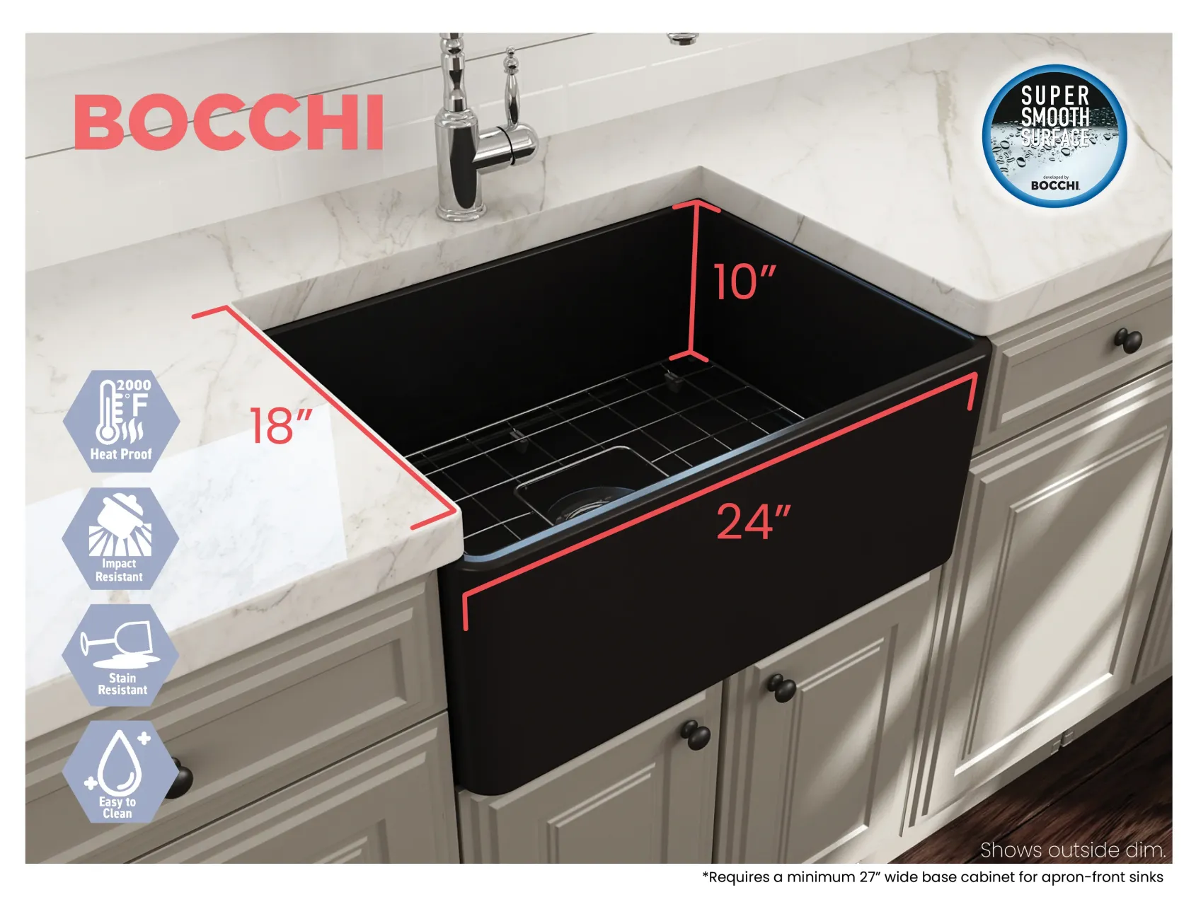 BOCCHI Classico 24" Fireclay Farmhouse Apron Single Bowl Kitchen Sink, Matte Black, 1137-004-0120