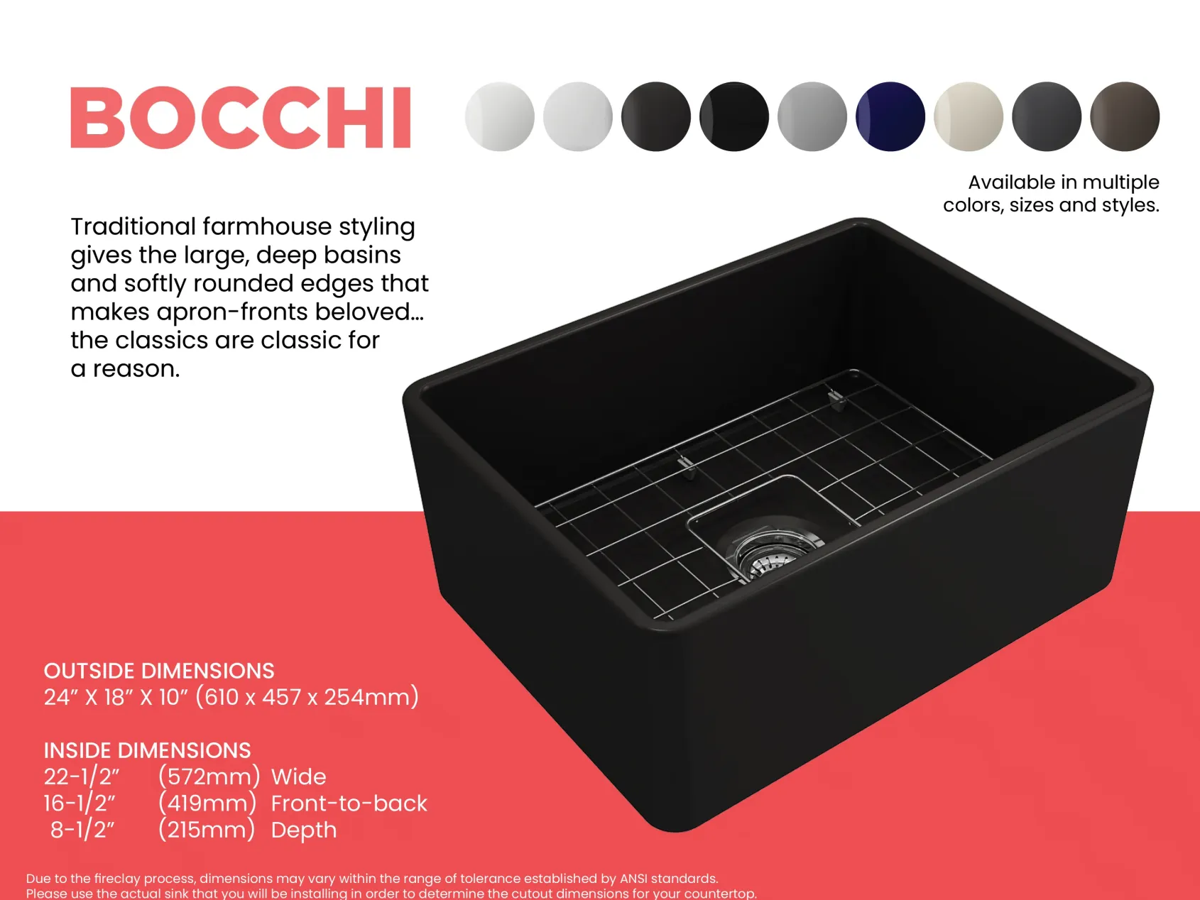 BOCCHI Classico 24" Fireclay Farmhouse Apron Single Bowl Kitchen Sink, Matte Black, 1137-004-0120