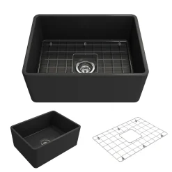 BOCCHI Classico 24" Fireclay Farmhouse Apron Single Bowl Kitchen Sink, Matte Dark Gray, 1137-020-0120