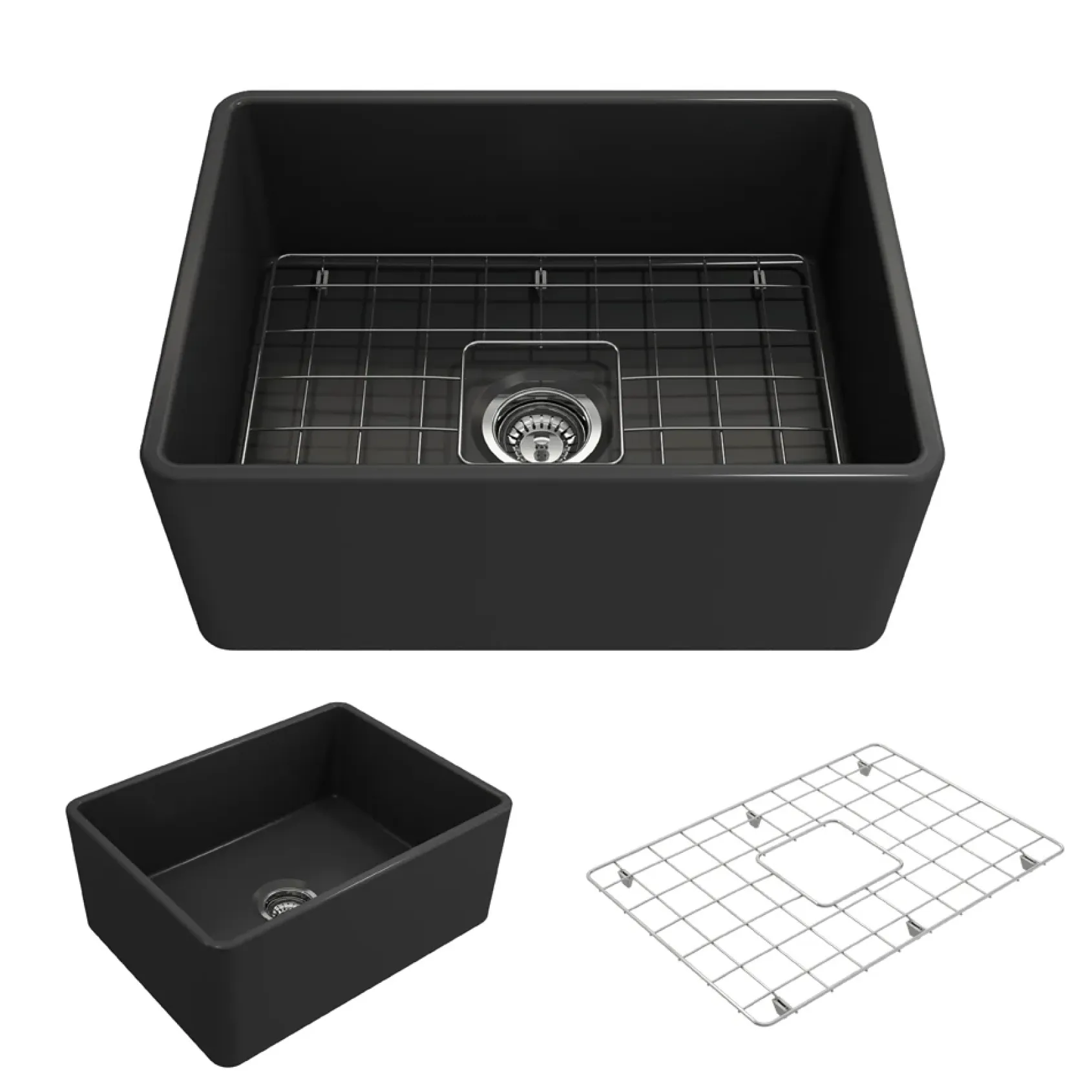 BOCCHI Classico 24" Fireclay Farmhouse Apron Single Bowl Kitchen Sink, Matte Dark Gray, 1137-020-0120