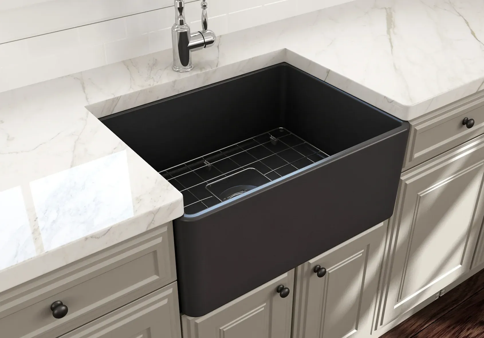 BOCCHI Classico 24" Fireclay Farmhouse Apron Single Bowl Kitchen Sink, Matte Dark Gray, 1137-020-0120