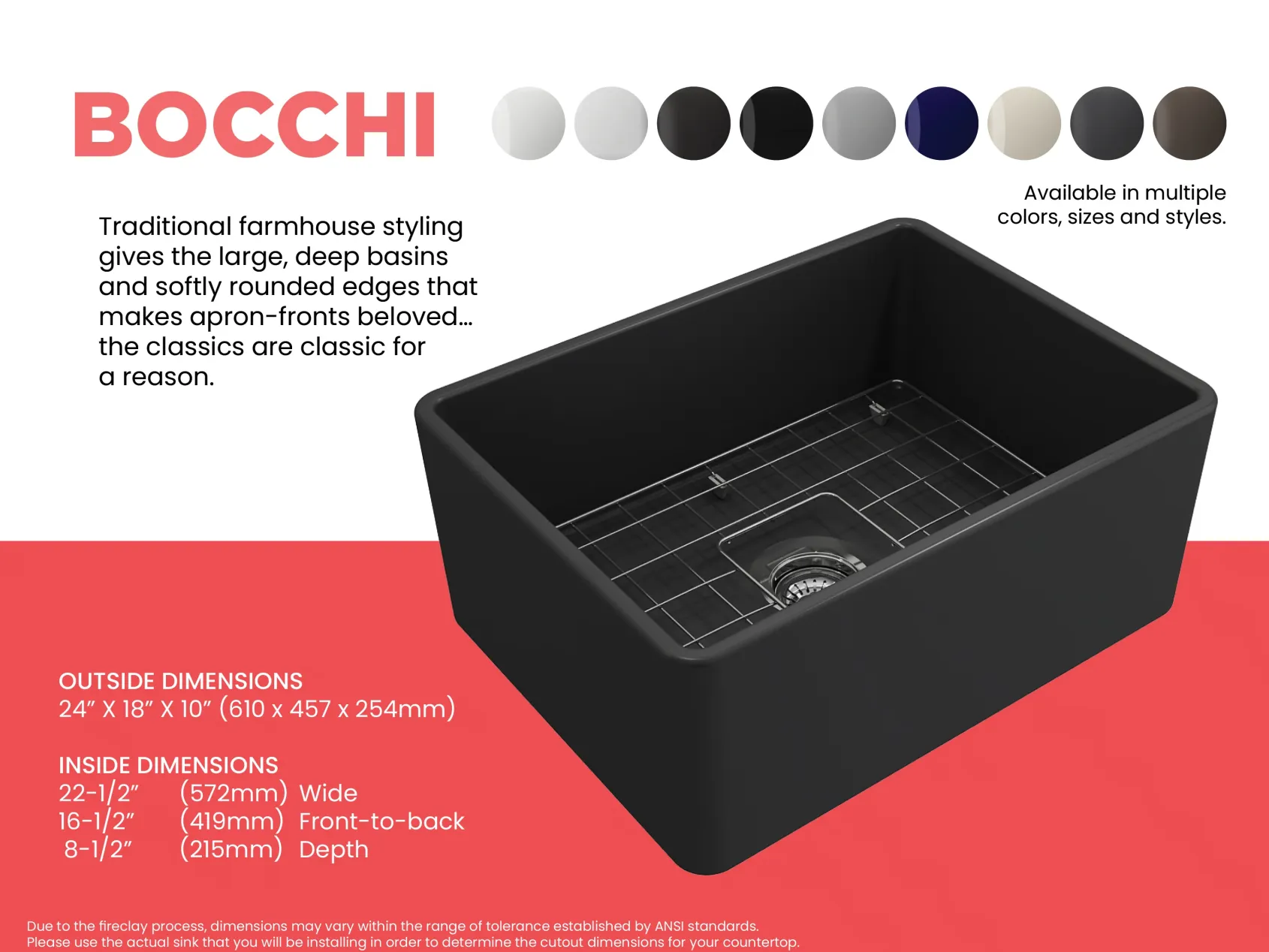 BOCCHI Classico 24" Fireclay Farmhouse Apron Single Bowl Kitchen Sink, Matte Dark Gray, 1137-020-0120
