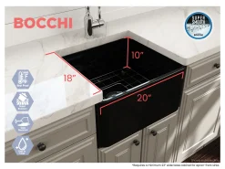 BOCCHI Classico 20" Fireclay Farmhouse Apron Single Bowl Kitchen Sink, Black, 1136-005-0120
