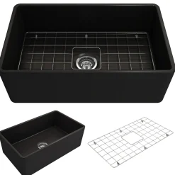 BOCCHI Classico 30" Fireclay Farmhouse Apron Single Bowl Kitchen Sink, Matte Black, 1138-004-0120