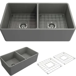 BOCCHI Classico 33" Fireclay Farmhouse Apron 50/50 Double Bowl Kitchen Sink, Matte Gray, 1139-006-0120