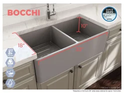 BOCCHI Classico 33" Fireclay Farmhouse Apron 50/50 Double Bowl Kitchen Sink, Matte Gray, 1139-006-0120
