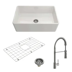 BOCCHI Classico 30" Fireclay Farmhouse Sink Kit with Faucet and Accessories, White (sink) / Stainless Steel (faucet), 1138-001-2020SS