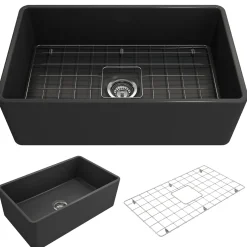 BOCCHI Classico 30" Fireclay Farmhouse Apron Single Bowl Kitchen Sink, Matte Dark Gray, 1138-020-0120