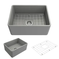 BOCCHI Classico 24" Fireclay Farmhouse Apron Single Bowl Kitchen Sink, Matte Gray, 1137-006-0120