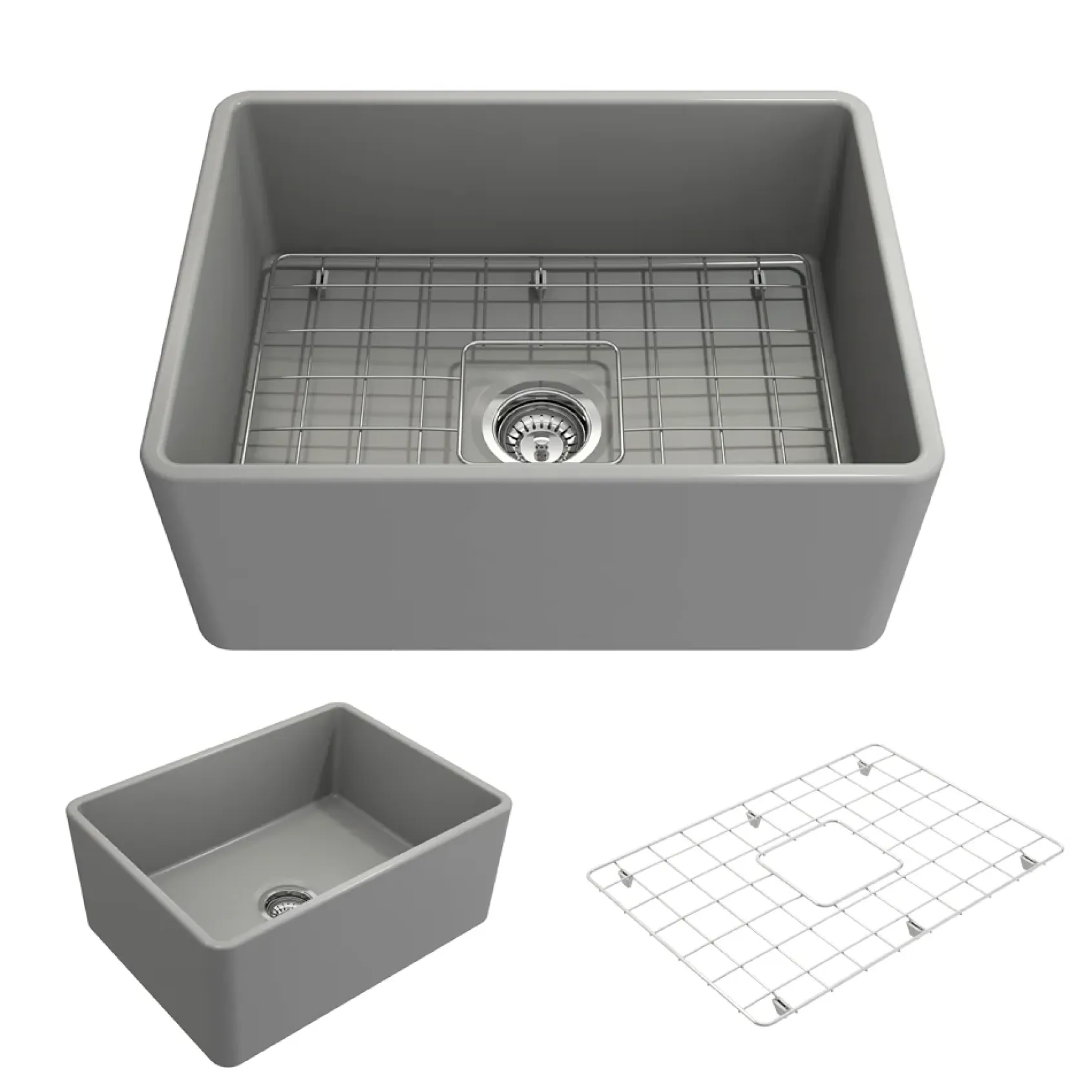 BOCCHI Classico 24" Fireclay Farmhouse Apron Single Bowl Kitchen Sink, Matte Gray, 1137-006-0120