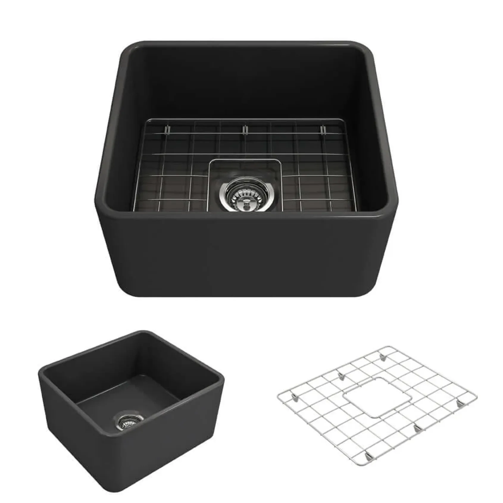 BOCCHI Classico 20" Fireclay Farmhouse Apron Single Bowl Kitchen Sink, Matte Dark Gray, 1136-020-0120