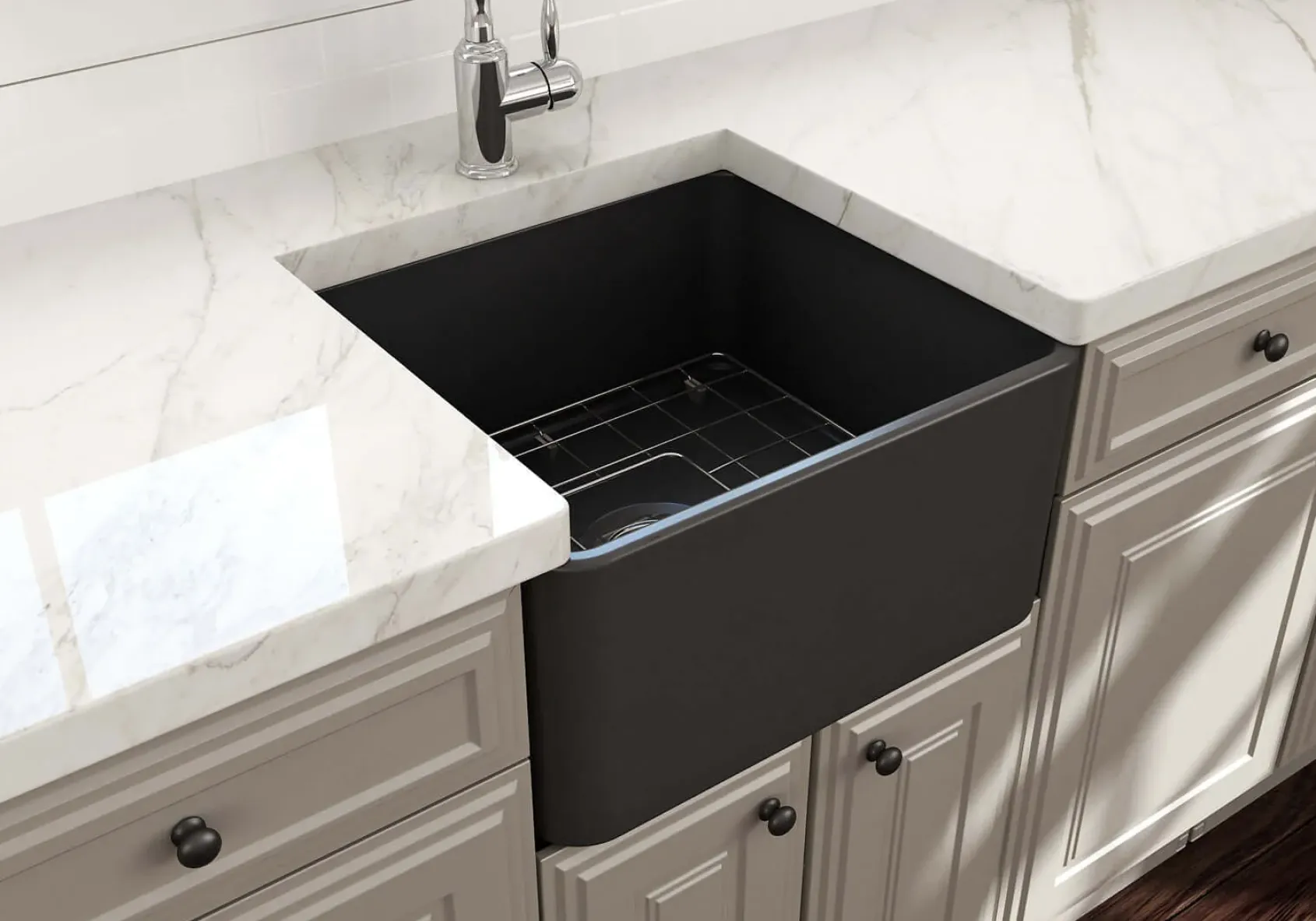 BOCCHI Classico 20" Fireclay Farmhouse Apron Single Bowl Kitchen Sink, Matte Dark Gray, 1136-020-0120