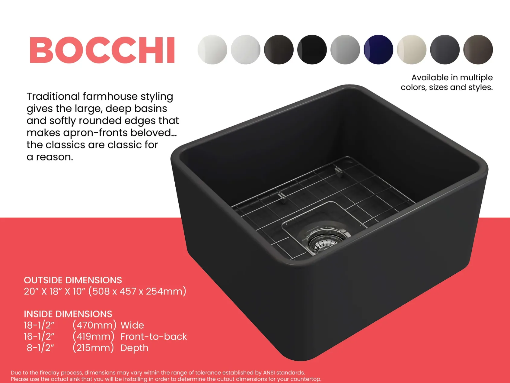 BOCCHI Classico 20" Fireclay Farmhouse Apron Single Bowl Kitchen Sink, Matte Dark Gray, 1136-020-0120