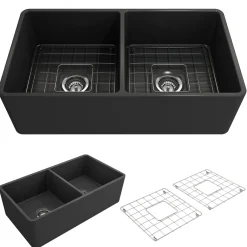 BOCCHI Classico 33" Fireclay Farmhouse Apron 50/50 Double Bowl Kitchen Sink, Matte Dark Gray, 1139-020-0120