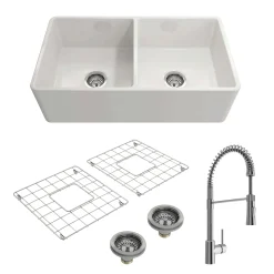 BOCCHI Classico 33" Fireclay Farmhouse Sink Kit with Faucet and Accessories, 50/50 Double Bowl, White (sink) / Chrome (faucet), 1139-001-2020CH