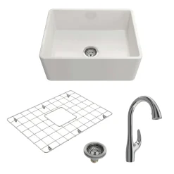 BOCCHI Classico 24" Fireclay Farmhouse Sink Kit with Faucet and Accessories, White (sink) / Chrome (faucet), 1137-001-2024CH