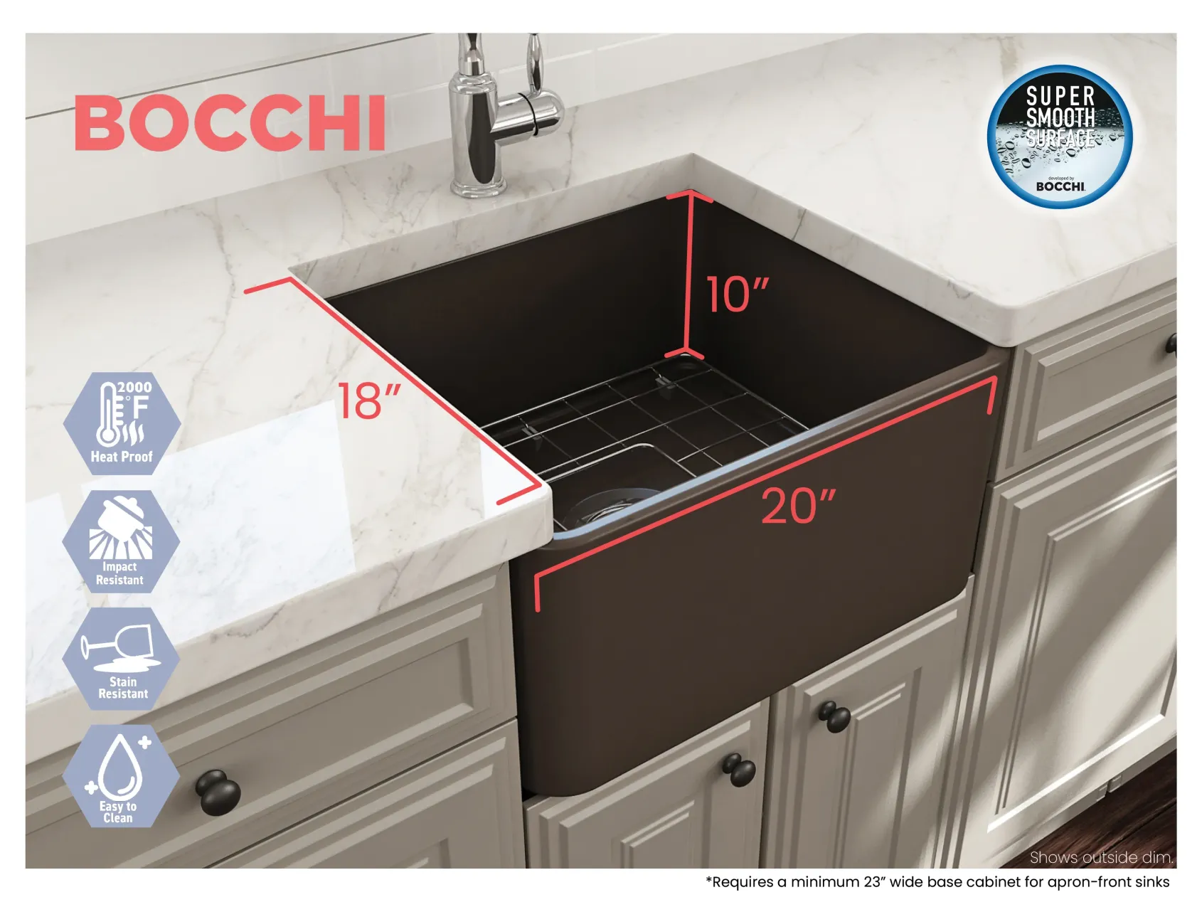 BOCCHI Classico 20" Fireclay Farmhouse Apron Single Bowl Kitchen Sink, Matte Brown, 1136-025-0120