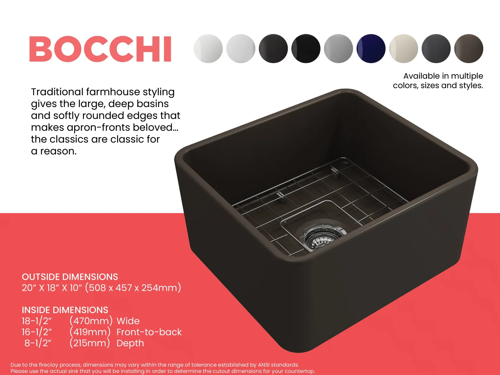 BOCCHI Classico 20" Fireclay Farmhouse Apron Single Bowl Kitchen Sink, Matte Brown, 1136-025-0120