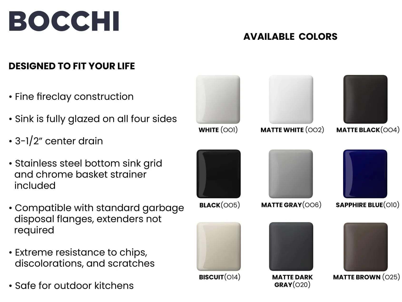 BOCCHI Classico 20" Fireclay Farmhouse Apron Single Bowl Kitchen Sink, White, 1136-001-0120