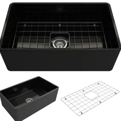 BOCCHI Classico 30" Fireclay Farmhouse Apron Single Bowl Kitchen Sink, Black, 1138-005-0120