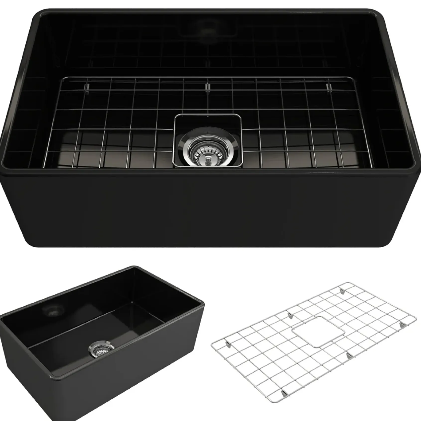 BOCCHI Classico 30" Fireclay Farmhouse Apron Single Bowl Kitchen Sink, Black, 1138-005-0120