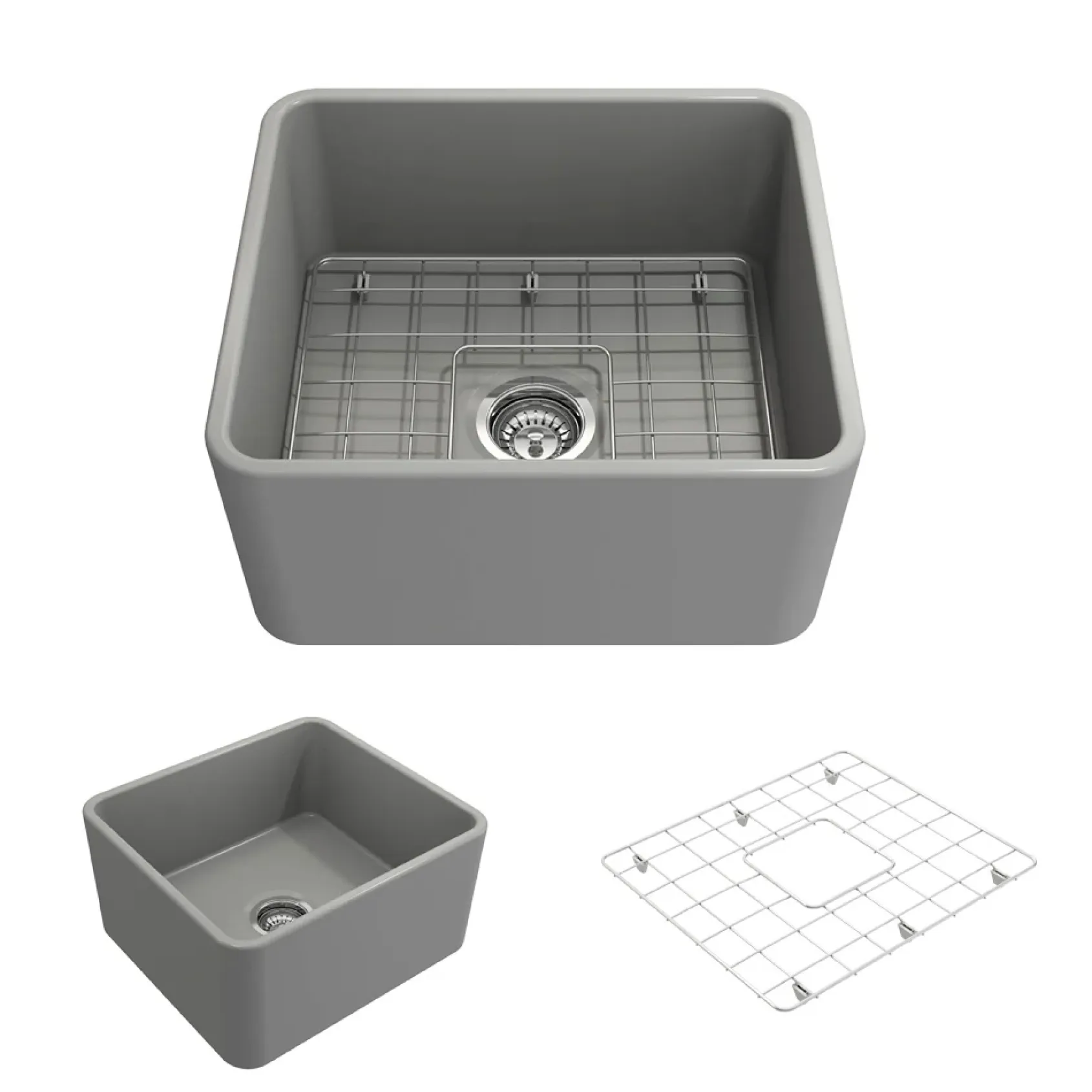 BOCCHI Classico 20" Fireclay Farmhouse Apron Single Bowl Kitchen Sink, Matte Gray, 1136-006-0120