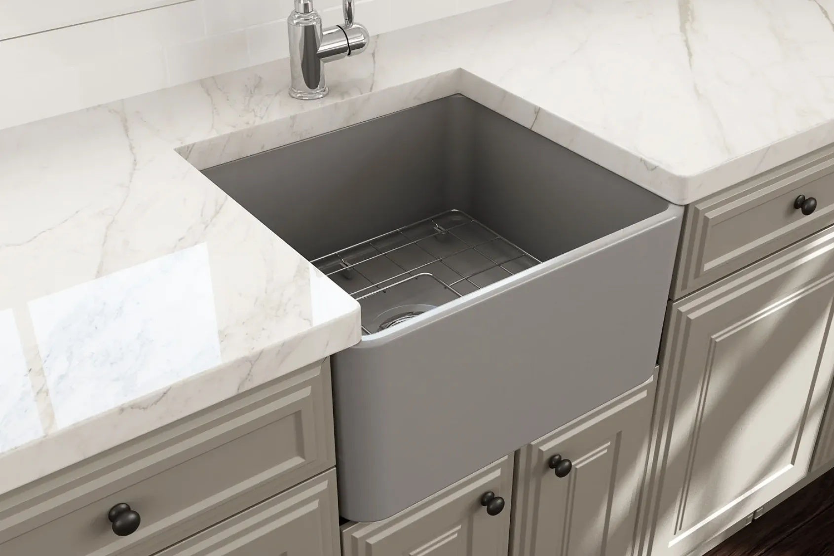 BOCCHI Classico 20" Fireclay Farmhouse Apron Single Bowl Kitchen Sink, Matte Gray, 1136-006-0120