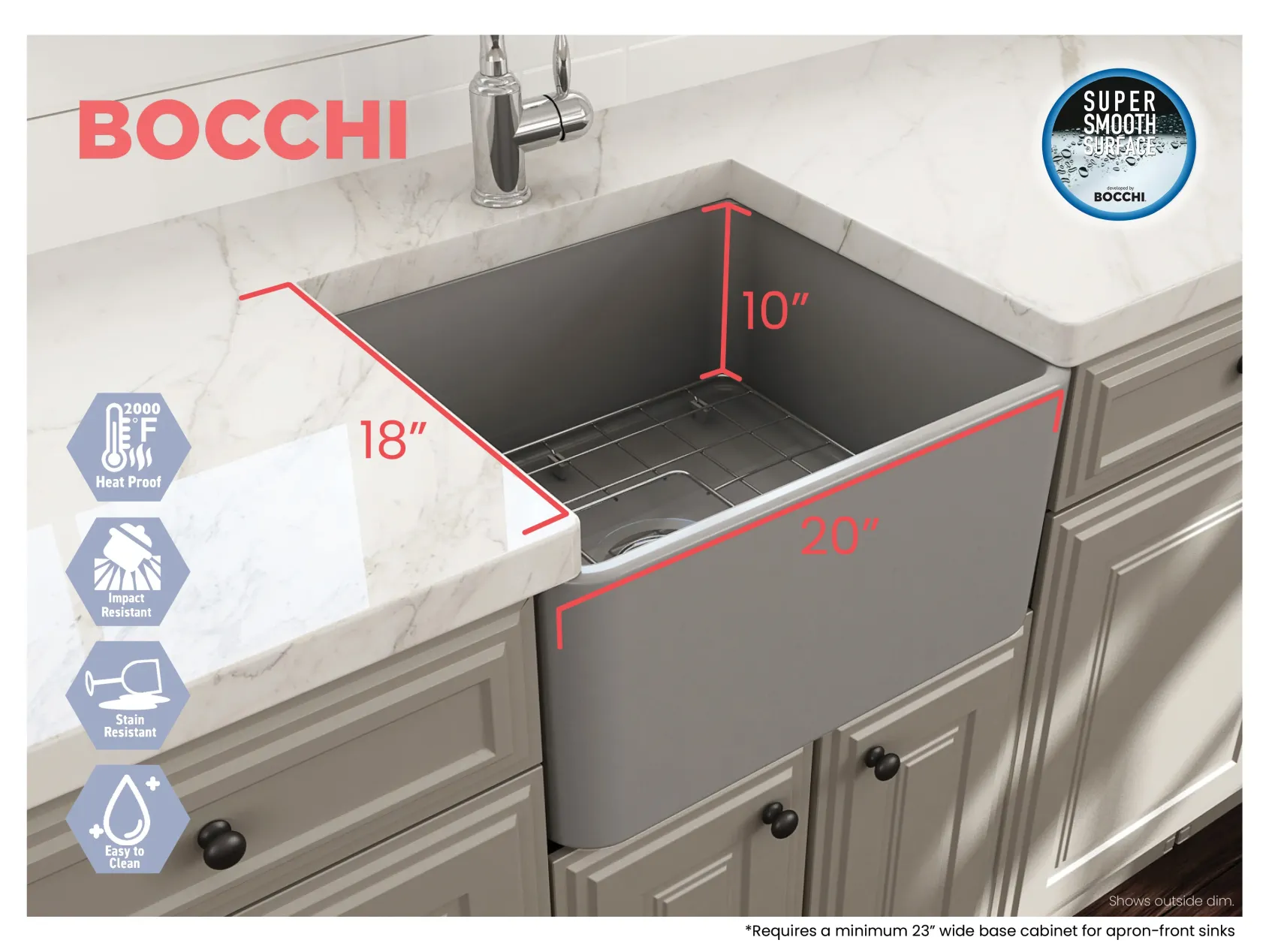 BOCCHI Classico 20" Fireclay Farmhouse Apron Single Bowl Kitchen Sink, Matte Gray, 1136-006-0120