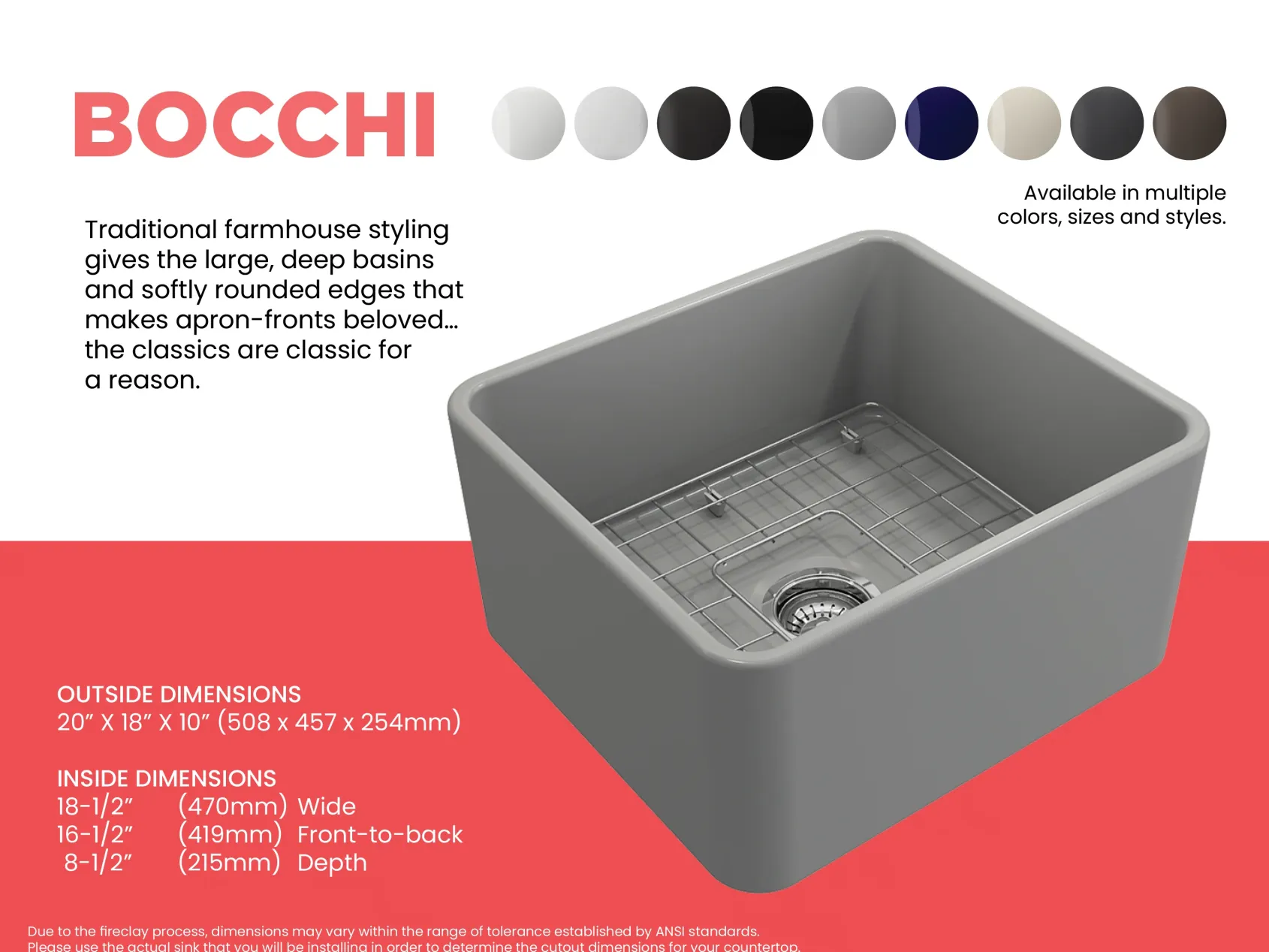 BOCCHI Classico 20" Fireclay Farmhouse Apron Single Bowl Kitchen Sink, Matte Gray, 1136-006-0120