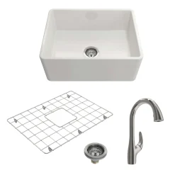 BOCCHI Classico 24" Fireclay Farmhouse Sink Kit with Faucet and Accessories, White (sink) / Stainless Steel (faucet), 1137-001-2024SS