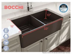 BOCCHI Classico 33" Fireclay Farmhouse Apron 50/50 Double Bowl Kitchen Sink, Matte Brown, 1139-025-0120