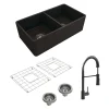 BOCCHI Classico 33" Matte Black Fireclay Farmhouse Sink Kit with Matte Black Faucet and Accessories, 50/50 Double Bowl, 1139-004-2020MB
