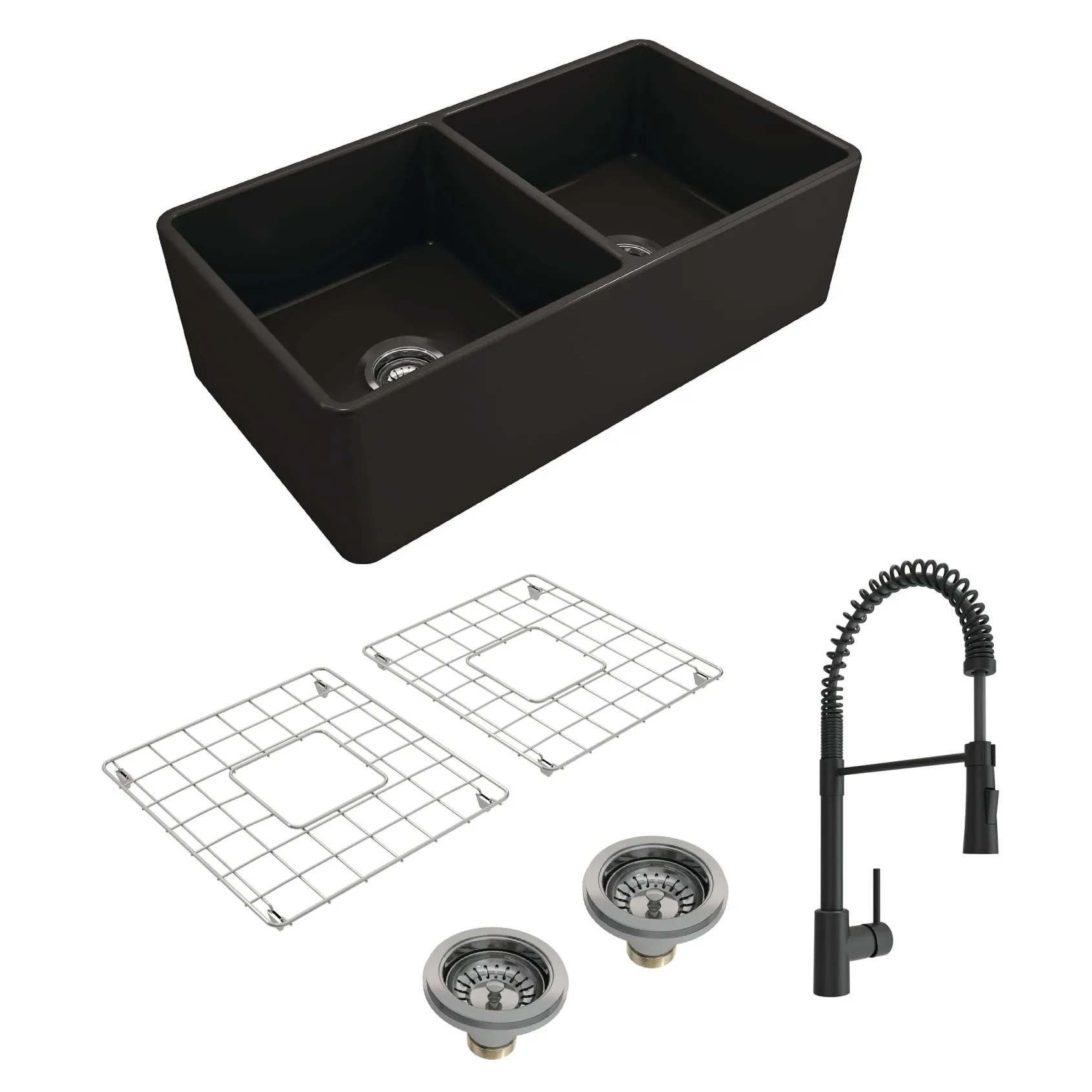 BOCCHI Classico 33" Matte Black Fireclay Farmhouse Sink Kit with Matte Black Faucet and Accessories, 50/50 Double Bowl, 1139-004-2020MB