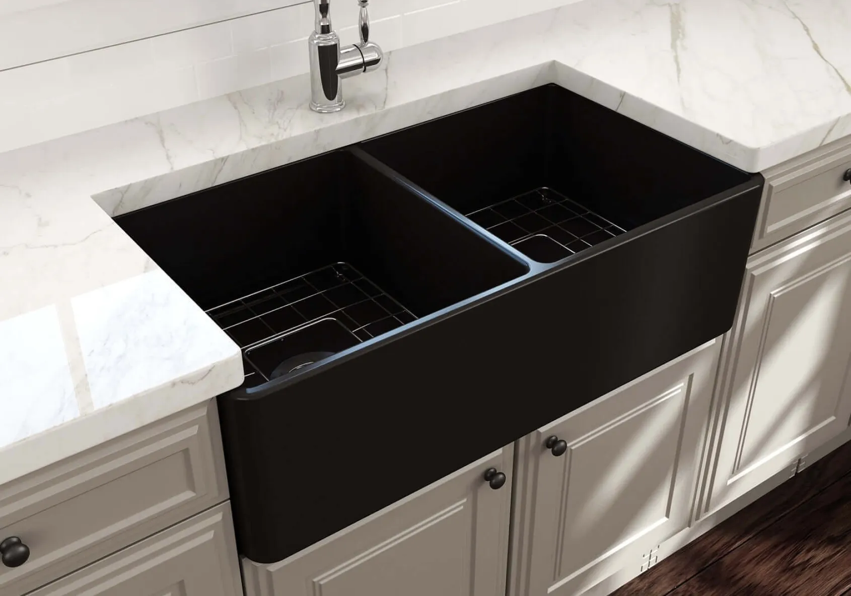 BOCCHI Classico 33" Matte Black Fireclay Farmhouse Sink Kit with Matte Black Faucet and Accessories, 50/50 Double Bowl, 1139-004-2020MB